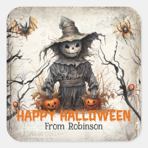 Funny retro spooky Halloween graveyard scarecrow Square Sticker