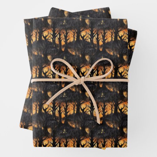 Funny retro spooky Halloween haunted forest Wrapping Paper Sheets