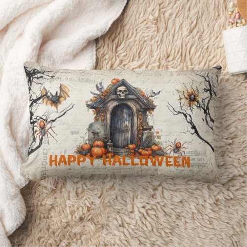 Funny retro spooky Halloween haunted house Lumbar Pillow