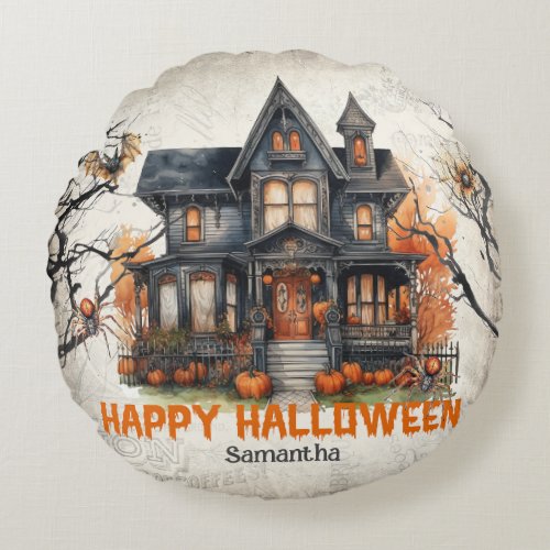 Funny retro spooky Halloween haunted house Round Pillow