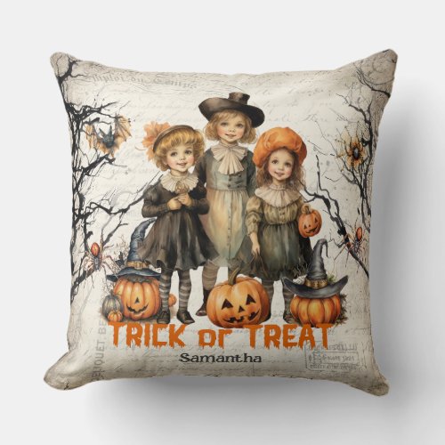 Funny retro spooky kids with Halloween costumes Throw Pillow