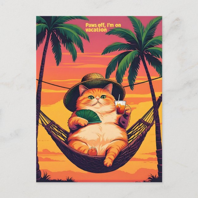 Funny Retro Summer Cat Vacation Announcement Postcard (Front)
