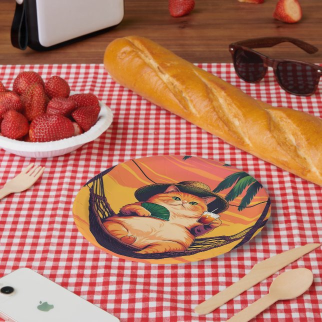 Funny Retro Summer Cat Vacation Paper Plates (Picnic)