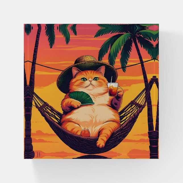 Funny Retro Summer Cat Vacation Paperweight (Front)