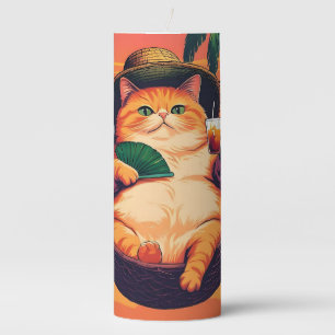 Funny Retro Summer Cat Vacation Pillar Candle