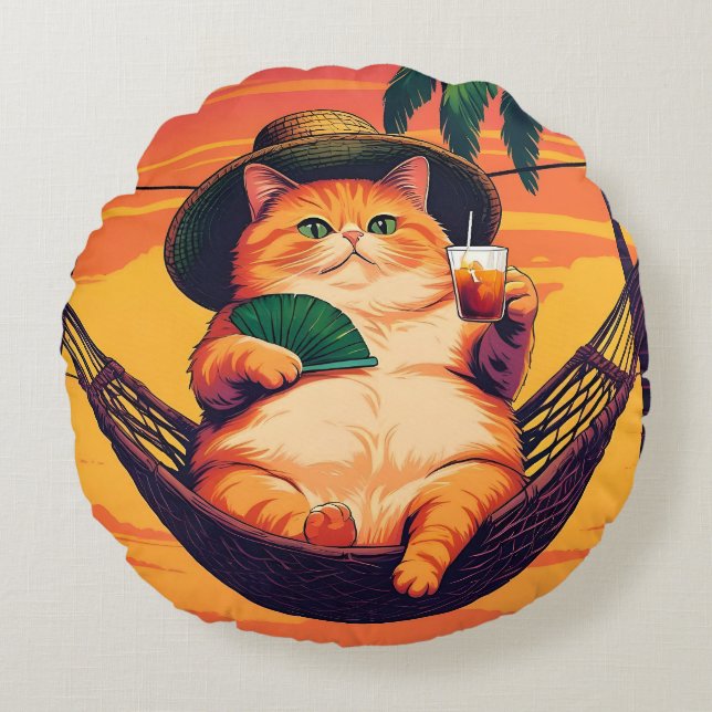 Funny Retro Summer Cat Vacation Round Pillow (Front)