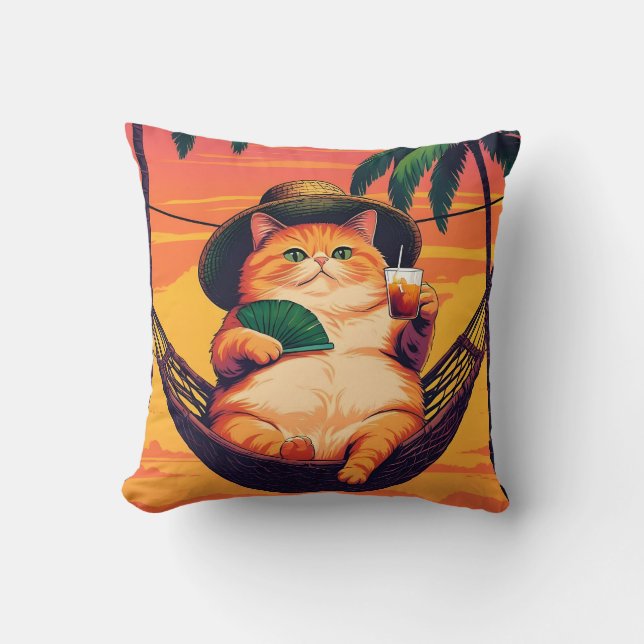 Funny Retro Summer Cat Vacation Throw Pillow (Front)