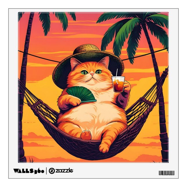 Funny Retro Summer Cat Vacation Wall Decal (Front)