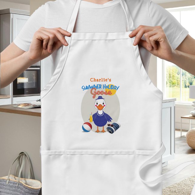Funny Retro Summer Holiday Silly Goose Adult Apron (An apron with cartoon 'Summer Holiday Goose' design, personalized with a name)