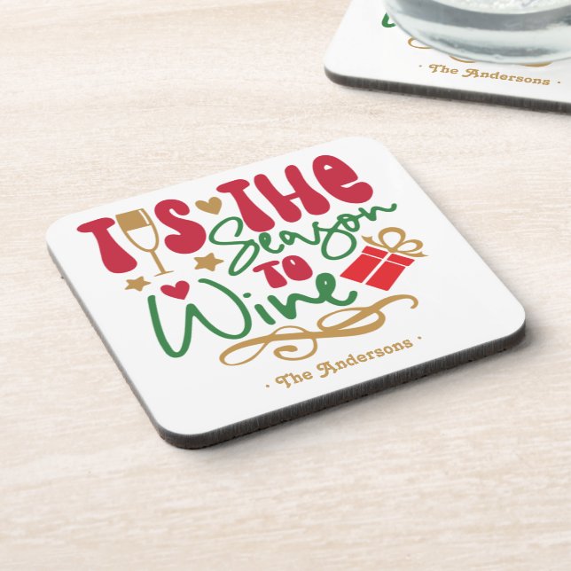 Funny Retro ’Tis the Season to Wine Christmas Beverage Coaster (Left Side)