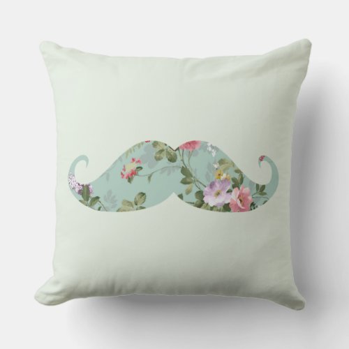 Funny retro vintage green pink floral Mustache Throw Pillow