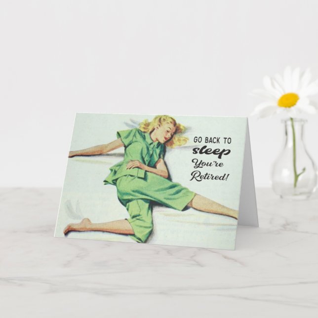Funny retro woman in pajamas retirement card (Small Plant)