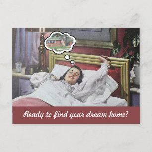 Funny retro woman real estate marketing postcard