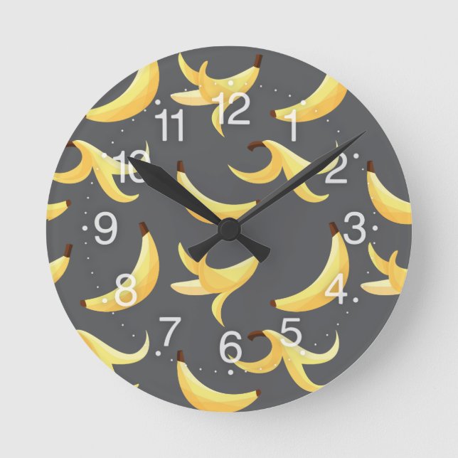 Funny Retro Yellow Banana Pattern Party Editable Round Clock (Front)