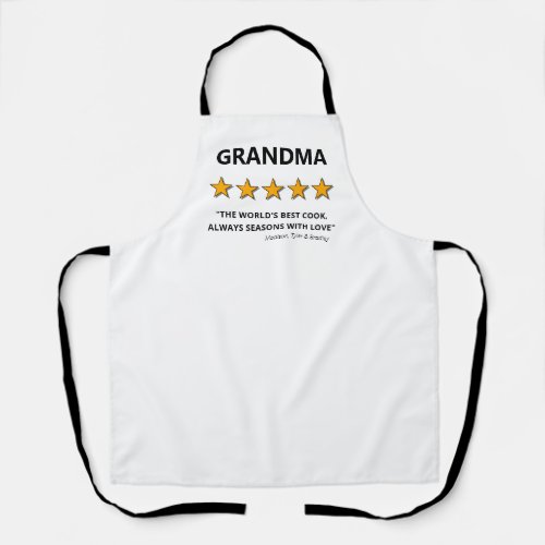 Funny Review | Best Cook Grandma Apron - Personalized unique grandparent apron featuring the title "GRANDMA", with 5 out of 5 gold stars, an excellent review that reads "the world's best cook, always seasons with love", and the kids names. The title can be changed to grandpa, mom, dad or any other relative.