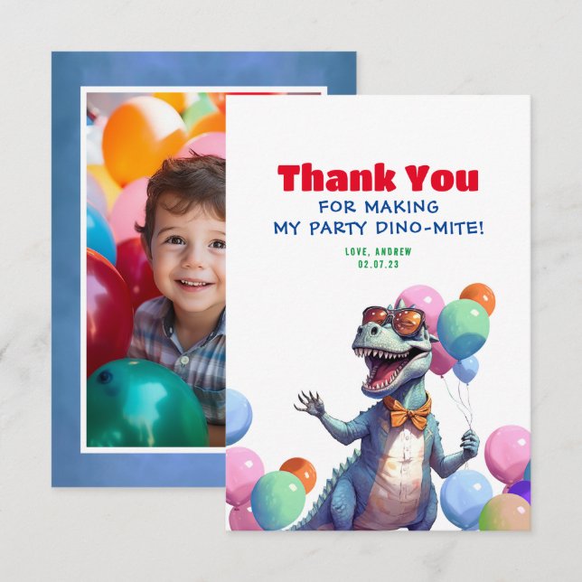 Funny Rex Dinosaur Birthday Thank You Photo Card (Front/Back)