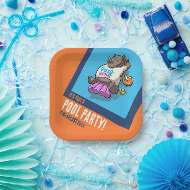 Funny Rhino Add Your Text Pool Party Cartoon Paper Plates (Party)