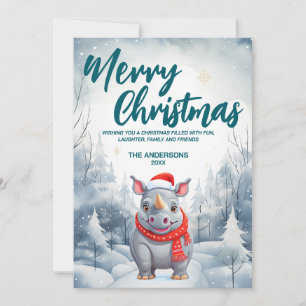 Funny rhino Merry Xmas tree snow Holiday party Card