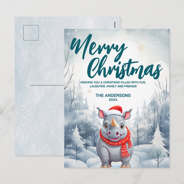 Funny Rhino Merry Xmas tree snow Holiday party Postcard (Front/Back)