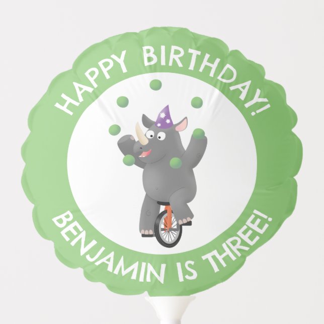 Funny rhino on unicycle personalized birthday balloon (Front)