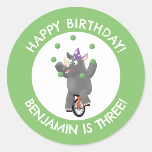 Funny rhino on unicycle personalized birthday classic round sticker