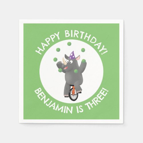 Funny rhino on unicycle personalized birthday napkins