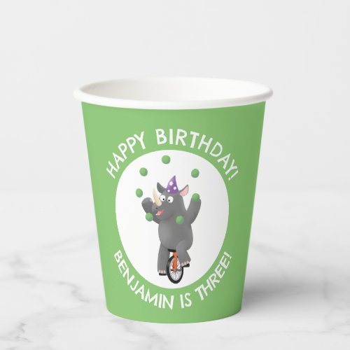 Funny rhino on unicycle personalized birthday paper cups