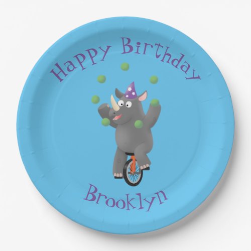 Funny rhino on unicycle personalized birthday paper plates