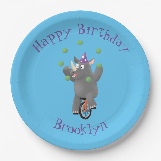 Funny rhino on unicycle personalized birthday paper plates (Front)