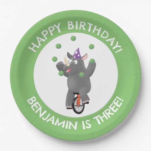 Funny rhino on unicycle personalized birthday paper plates