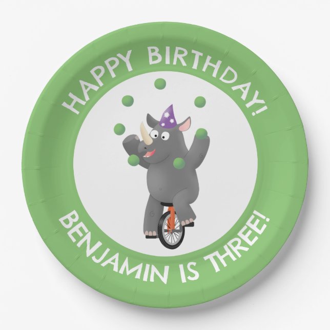 Funny rhino on unicycle personalized birthday paper plates (Front)