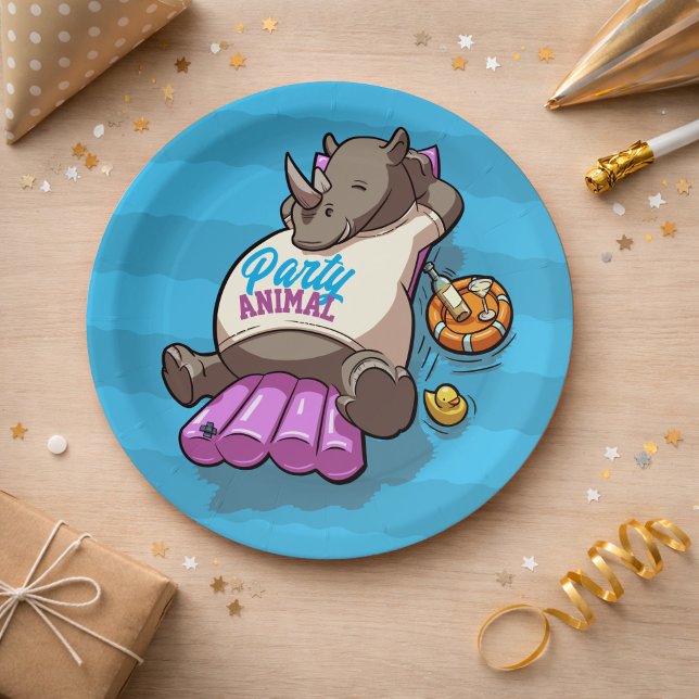Funny Rhino Party Animal Pool Inflatable Cartoon Paper Plates (Creator Uploaded)