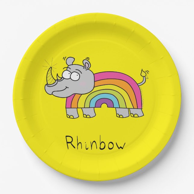 Funny Rhino Rainbow Cute Rhinoceros Kids Cartoon Paper Plates (Front)