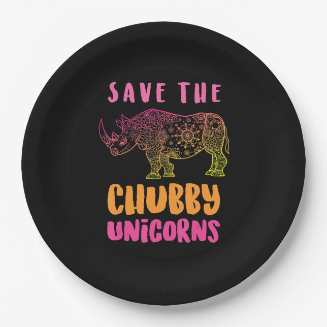 Funny Rhino Save  Chubby Unicorns Animal Rights Paper Plates (Front)