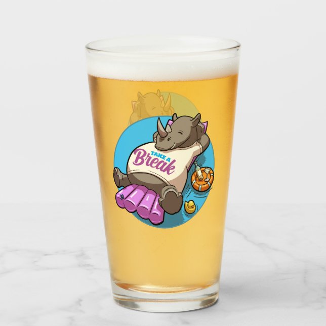 Funny Rhino Take A Break Pool Party Cartoon Glass (Front Filled)