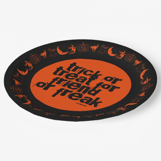 Funny Rhyme Trick or Treat Halloween Orange Black Paper Plates (Angled)