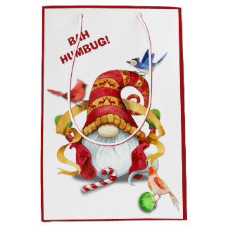 Funny Ribbon Gnome with Birds Christmas Medium Gift Bag