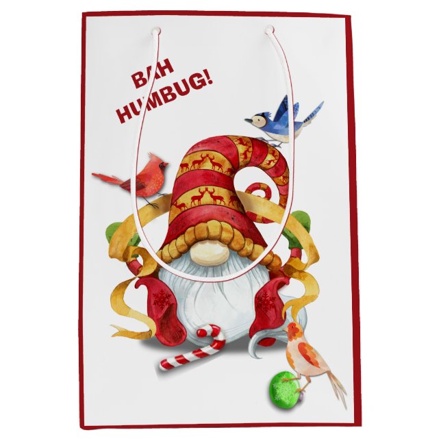 Funny Ribbon Gnome with Birds Christmas Medium Gift Bag (Front)