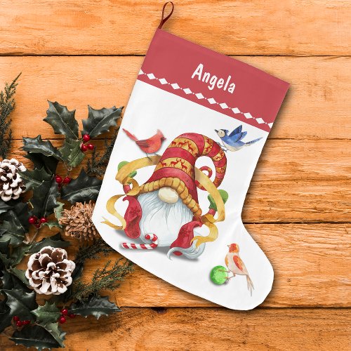 Funny Ribbon Gnome with Birds Personalized Large Christmas Stocking