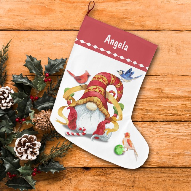 Funny Ribbon Gnome with Birds Personalized Large Christmas Stocking (Creator Uploaded)