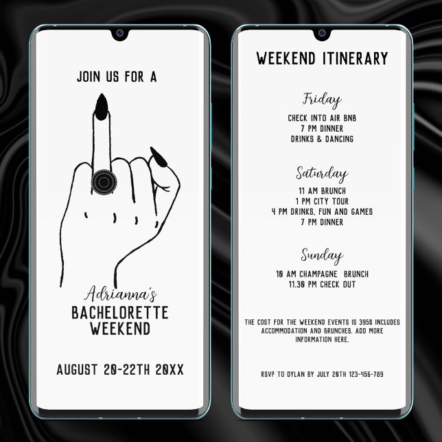 Funny Ring Finger Bachelorette Weekend Itinerary Invitation (ring finger funny bachelorette party invitation weekend itinerary)