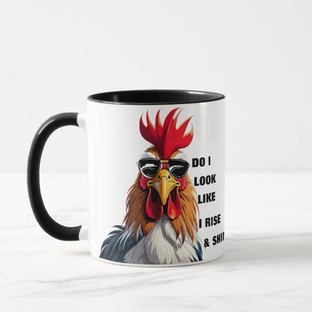 Funny Rise & Shine Grumpy Morning Rooster Humor Mug (Left)