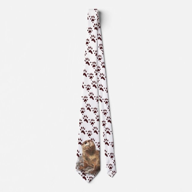 Funny River Otter & Footprints, Tracks Watercolor Neck Tie (Front)