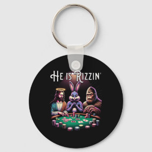 Funny Rizz He Is Rizzin Jesus Easter Bunny Bigfoot Keychain