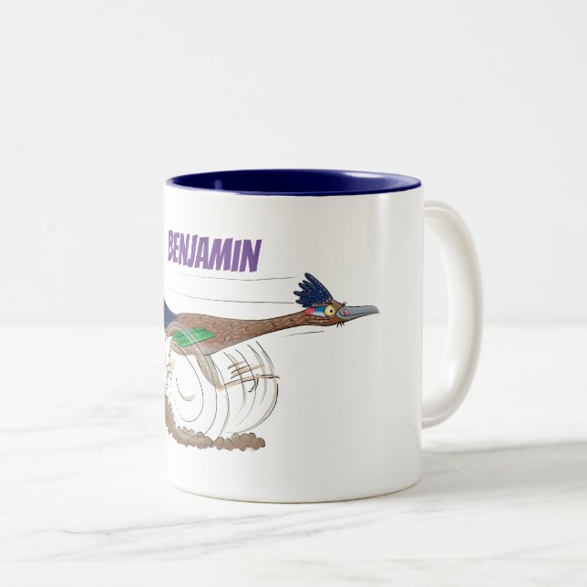 Funny roadrunner animated cartoon illustration Two-Tone coffee mug (Front Right)