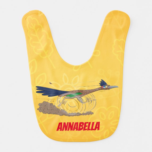 Funny roadrunner bird cartoon illustration baby bib (Front)