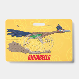 Funny roadrunner bird cartoon illustration badge