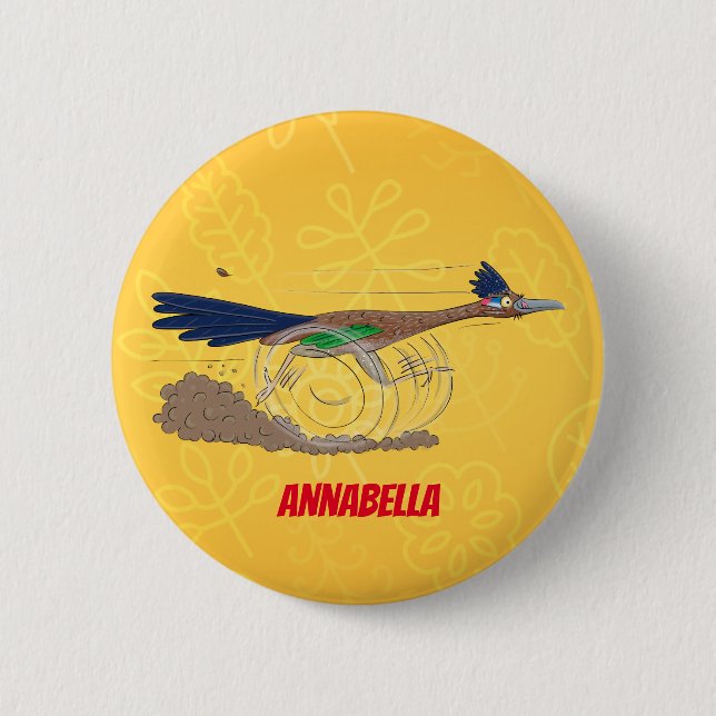Funny roadrunner bird cartoon illustration button (Front)