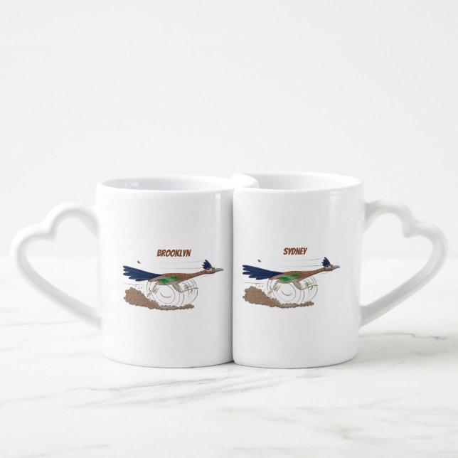 Funny roadrunner bird cartoon illustration coffee mug set (Front Nesting)