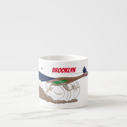 Funny roadrunner bird cartoon illustration espresso cup